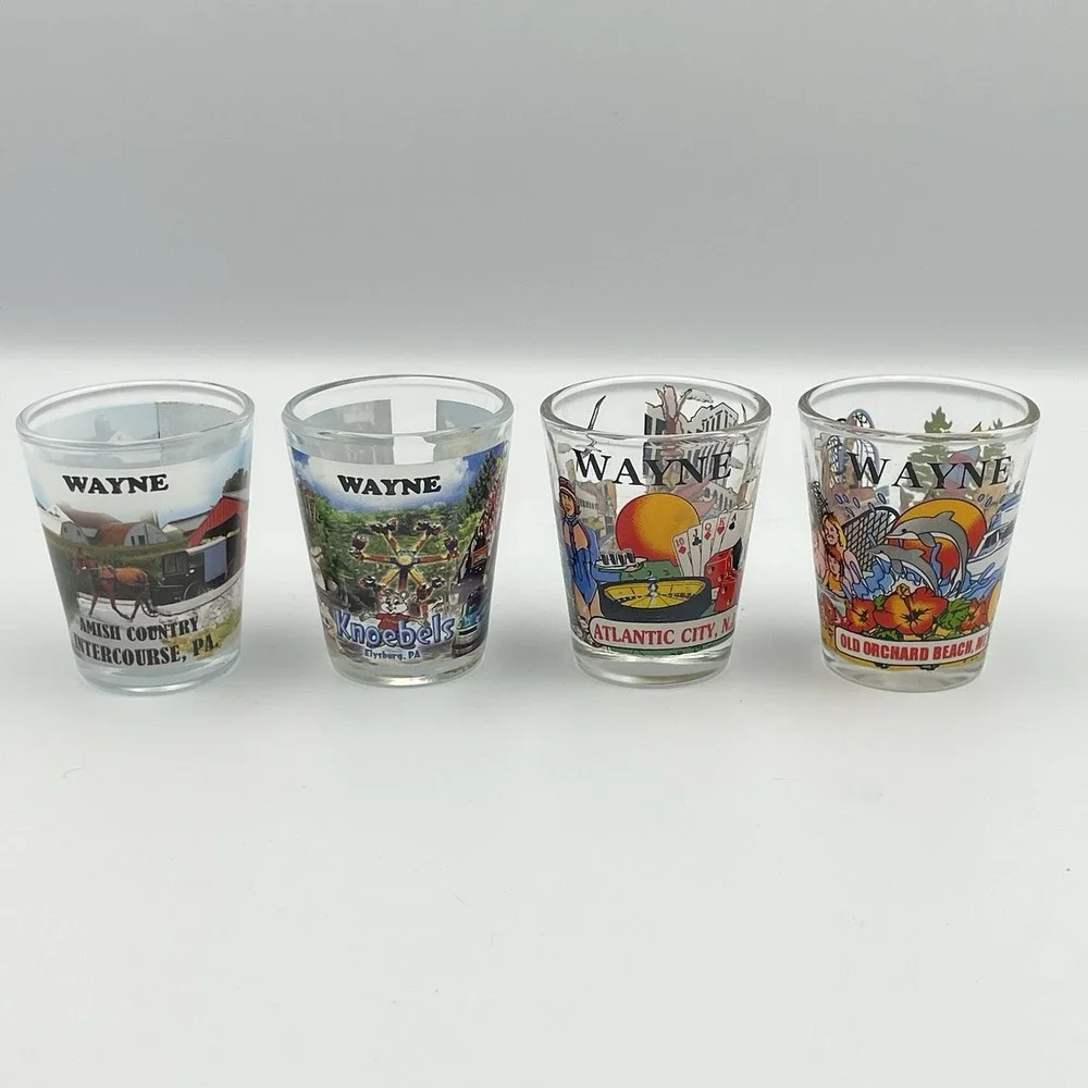 Vintage Wayne Souvenir‎ Shot Glasses Set of 4 Amish PA Atlantic City NJ Knoebels